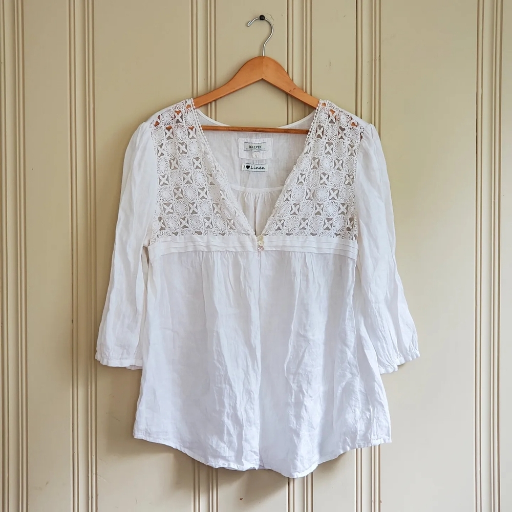 Malvin Women's White European Linen + Crochet Blouse, size L